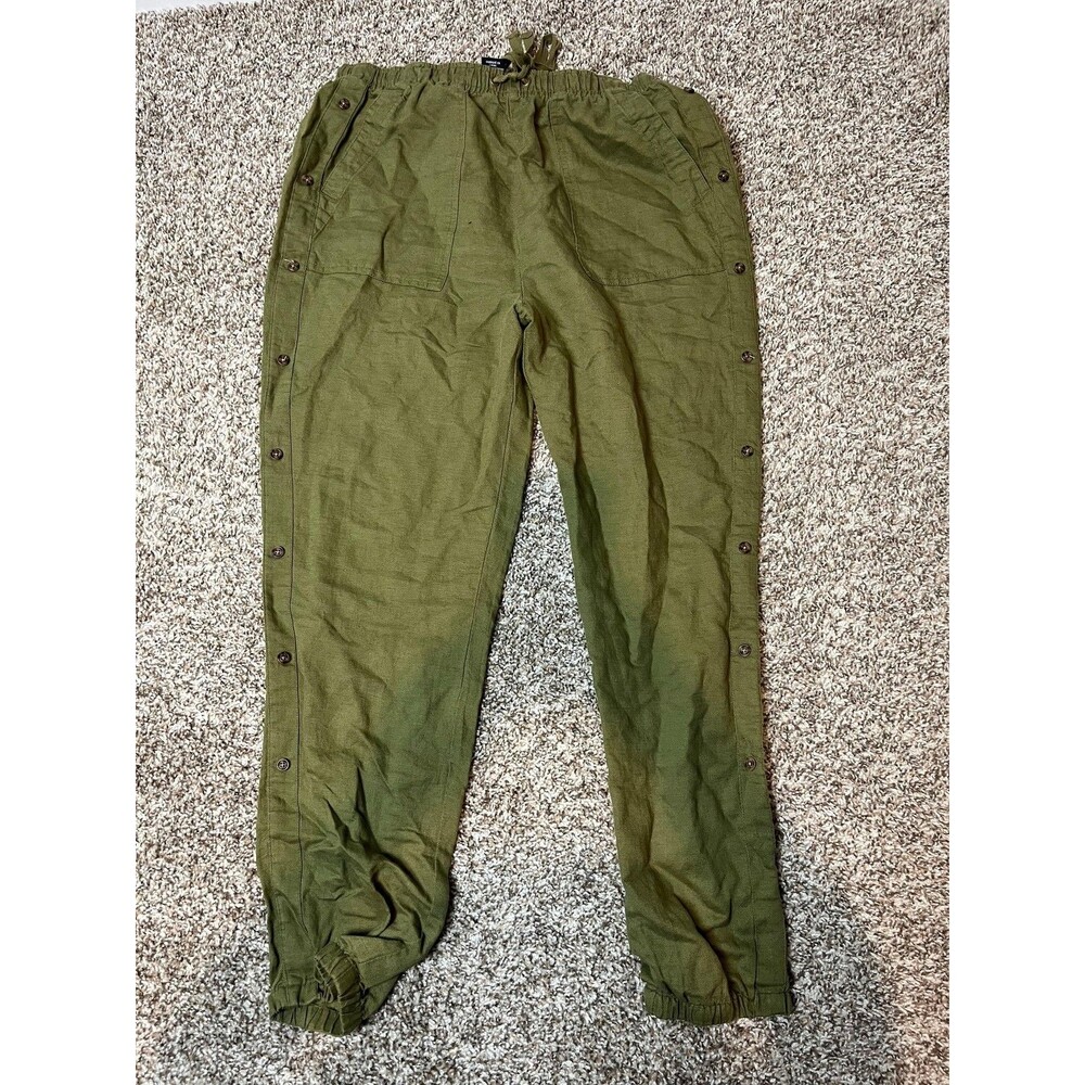 Nicole Miller Pants Womens Medium Green Linen Lyocell Jogger Button Side Cuffed